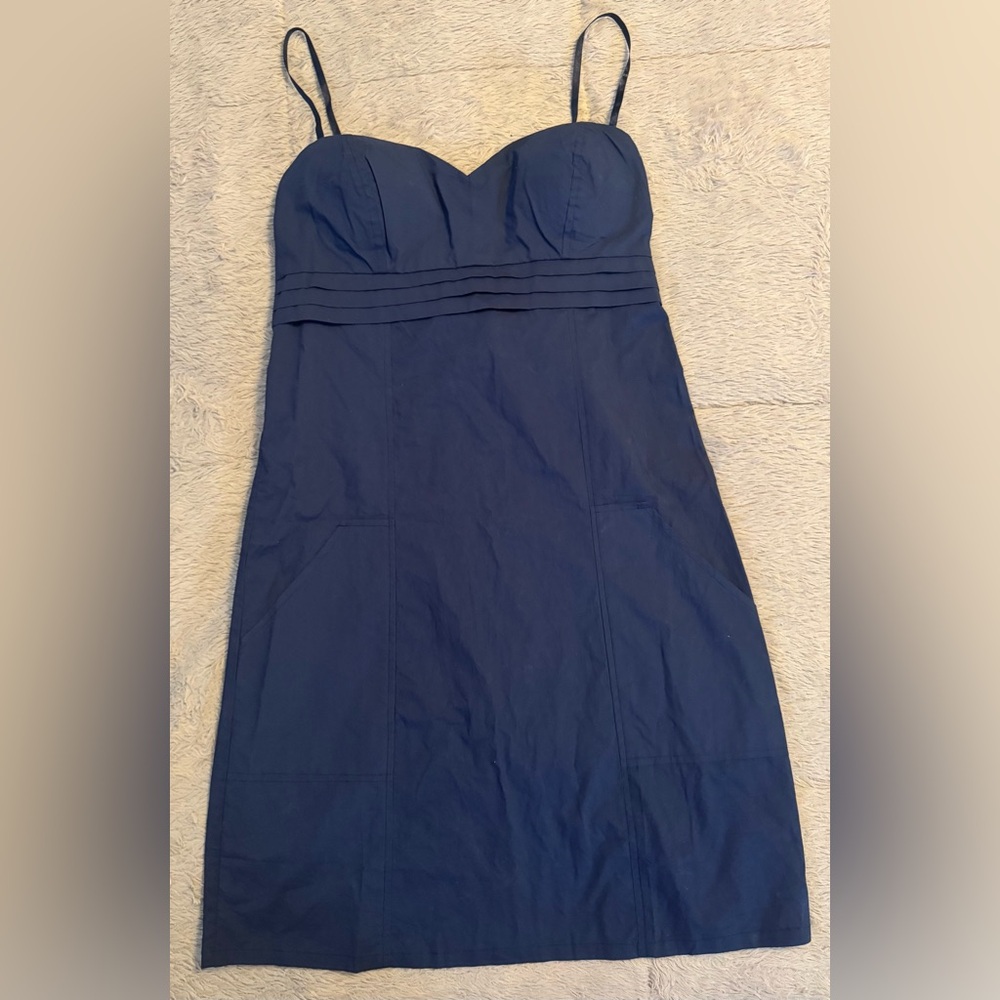 Patrick Robinson Navy Spaghetti Strap Pleated Midi Dress w/ Smocked Back & Tie